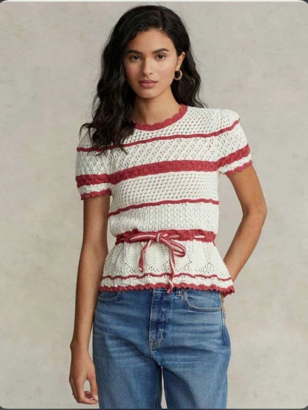 Polo Ralph Lauren Striped Pointelle Short-Sleeve Sweater, Size M